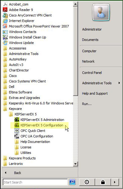 Open the Kepserver Configuration program on the ShopFloorConnect server