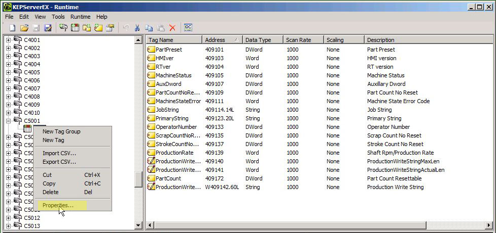 Open the Kepware Communications Properties window for the new machine