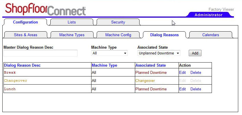 Downtime Reason Master List as it appears on a fresh installation
