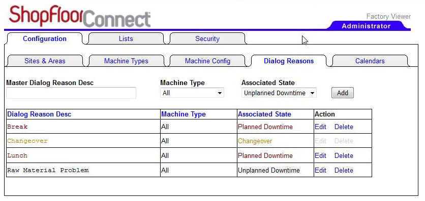 Master Dialog Reason list showing the newly created downtime reason (Raw Material Problem)