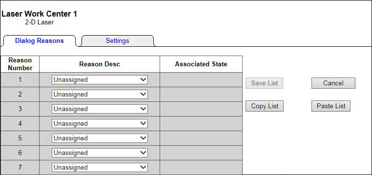 A blank downtime reason menu for a new machine