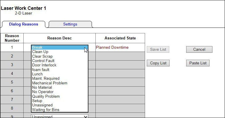 Selecting downtime reasons from the pull-down list