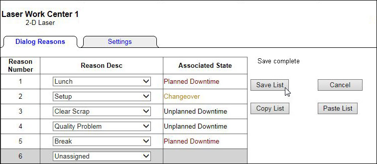 Saving the completed downtime menu